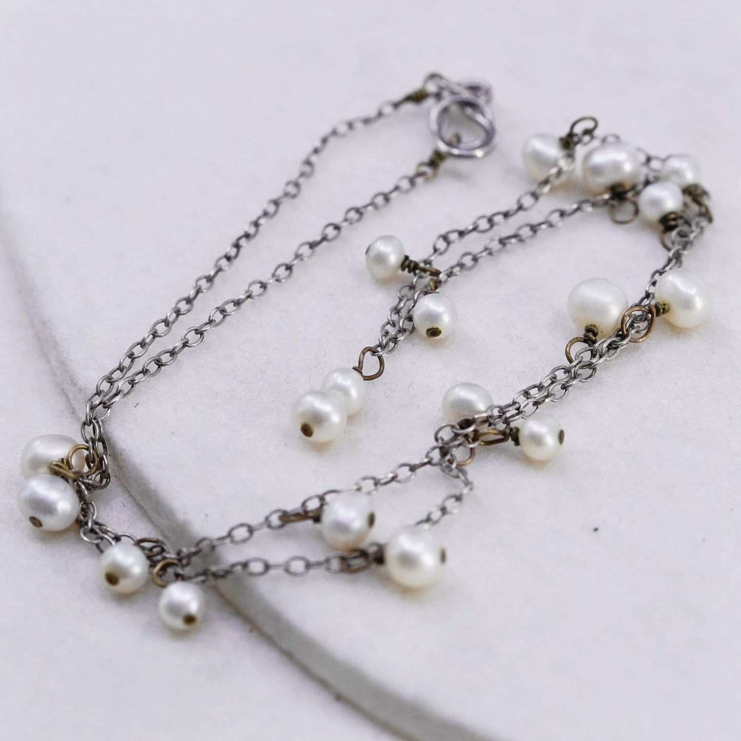 18”, vintage Sterling 925 silver handmade circle necklace with pearl beads