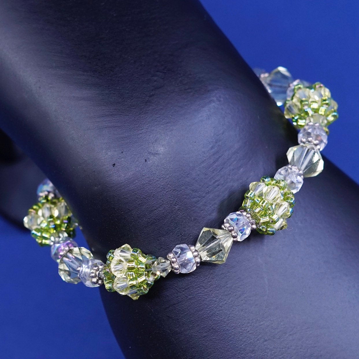 7”, vtg sterling silver handmade bracelet, 925 w/ green crystal beads