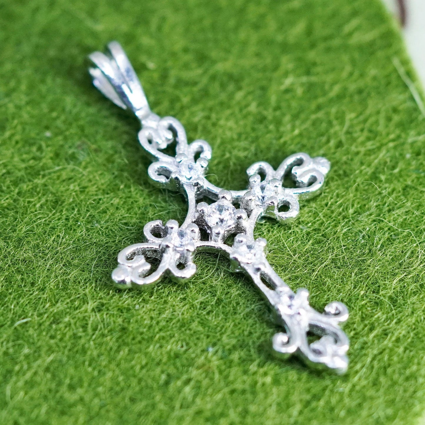 Vintage handmade Sterling silver pendant, 925 filigree cross with cz