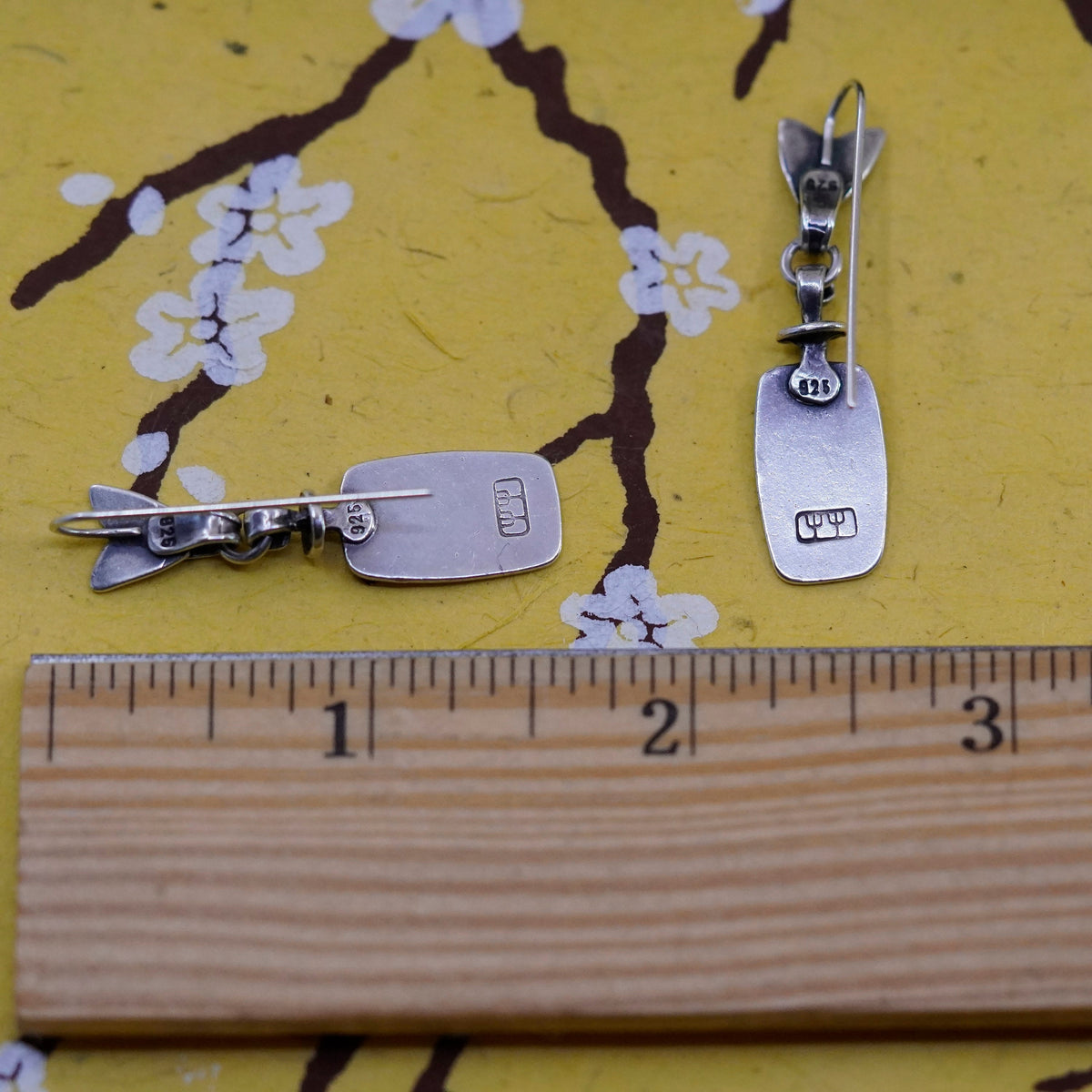 Vintage Sterling silver handmade earrings, modern 925 rectangular tag