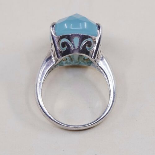 Sz 6.75, Vtg Sterling Silver Handmade Ring, 925 W/ Checker Cut Green chrysoprase