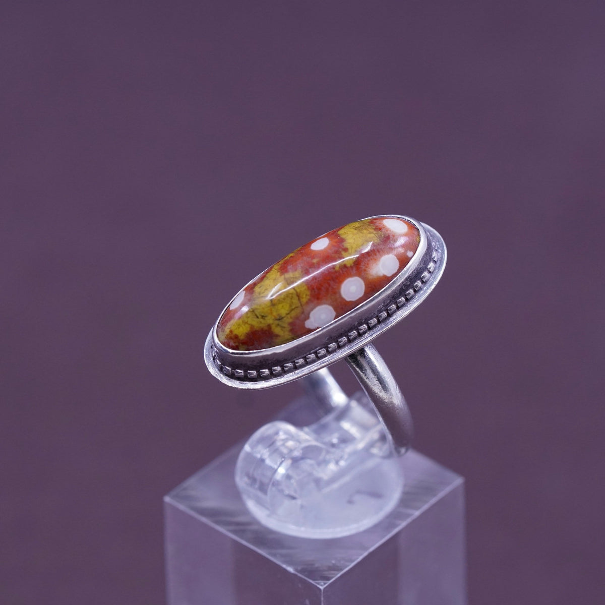Size 6.5, vintage Sterling 925 silver handmade ring w/ Dalmatian jasper