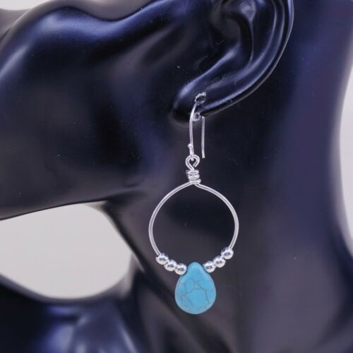 Vtg Hoops handmade Sterling 925 Silver Earrings w/ Teardrop turquoise