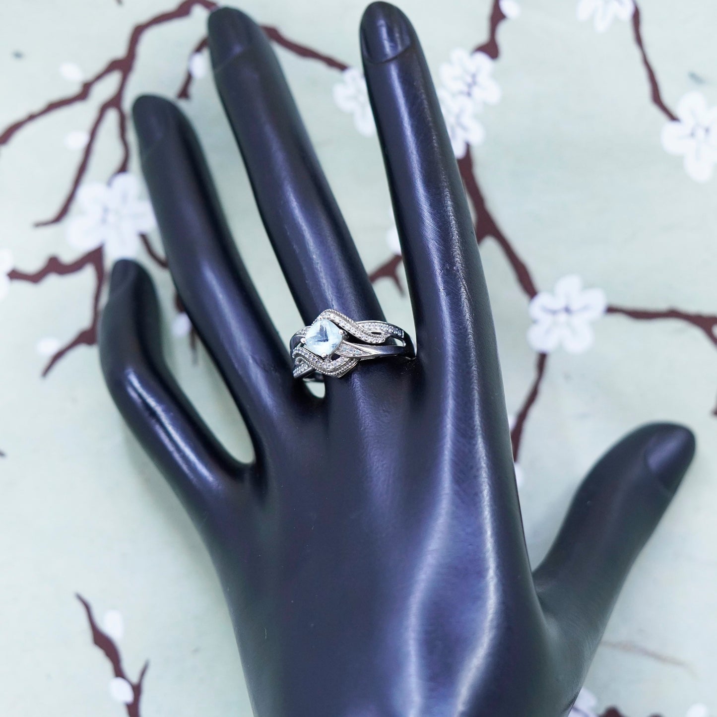 Size 10, sterling 925 silver handmade ring with blue topaz and cluster diamonds