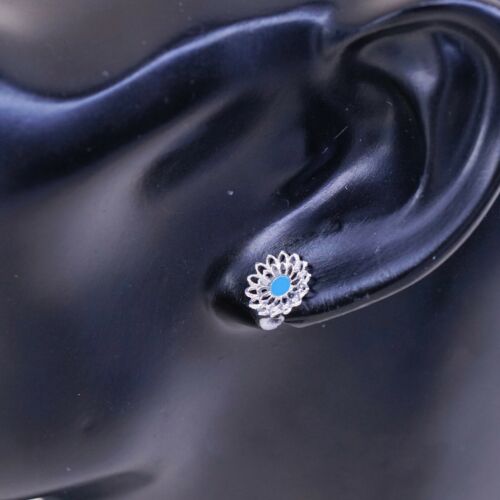 Vintage Sterling Silver Handmade Earrings, 925 Filigree Flower Studs W/ Blue Dot