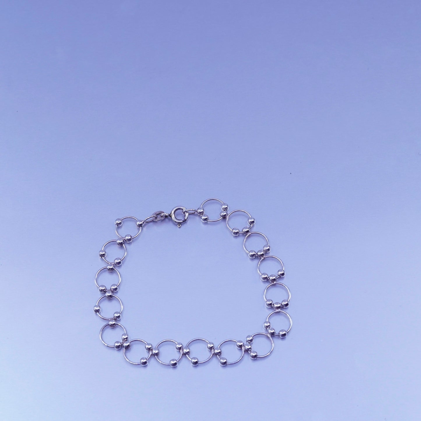 6.25”, Sterling 925 silver handmade bracelet, circle link charm chain w/ beads
