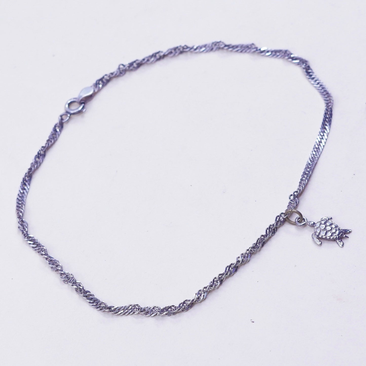 10”, vtg sterling silver bracelet, 925 twisted curb chain anklet turtle charm