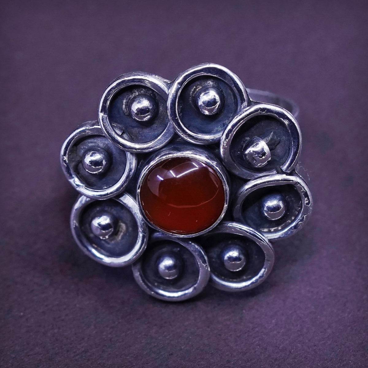 Size 6.5, vintage Sterling silver handmade flower ring with carnelian