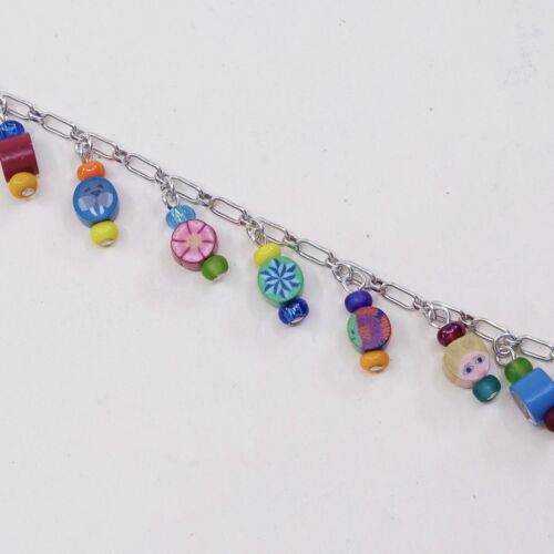 7” Vtg Imagine Sterling Silver Handmade Bracelet, 925 chain w/ Colorful charms