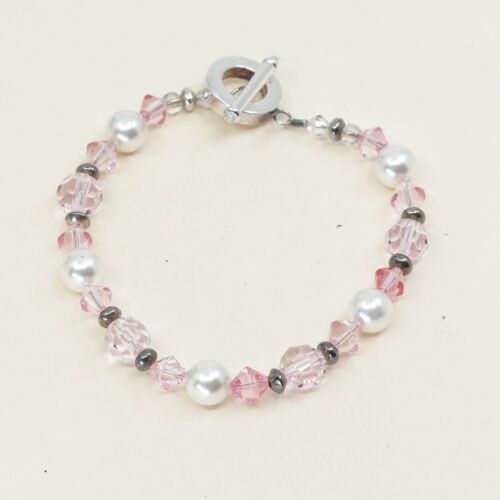 7”, Vtg Sterling Silver Handmade Bead Bracelet, taxco 925 n Pink Crystal Pearl
