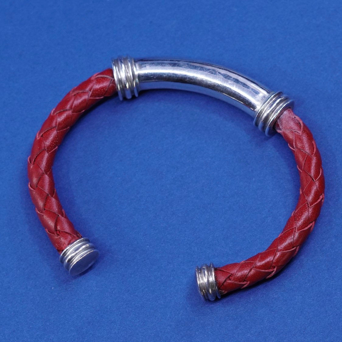 6.25", vtg ESPO Sterling silver handmade bracelet, 925 cuff braided red leather