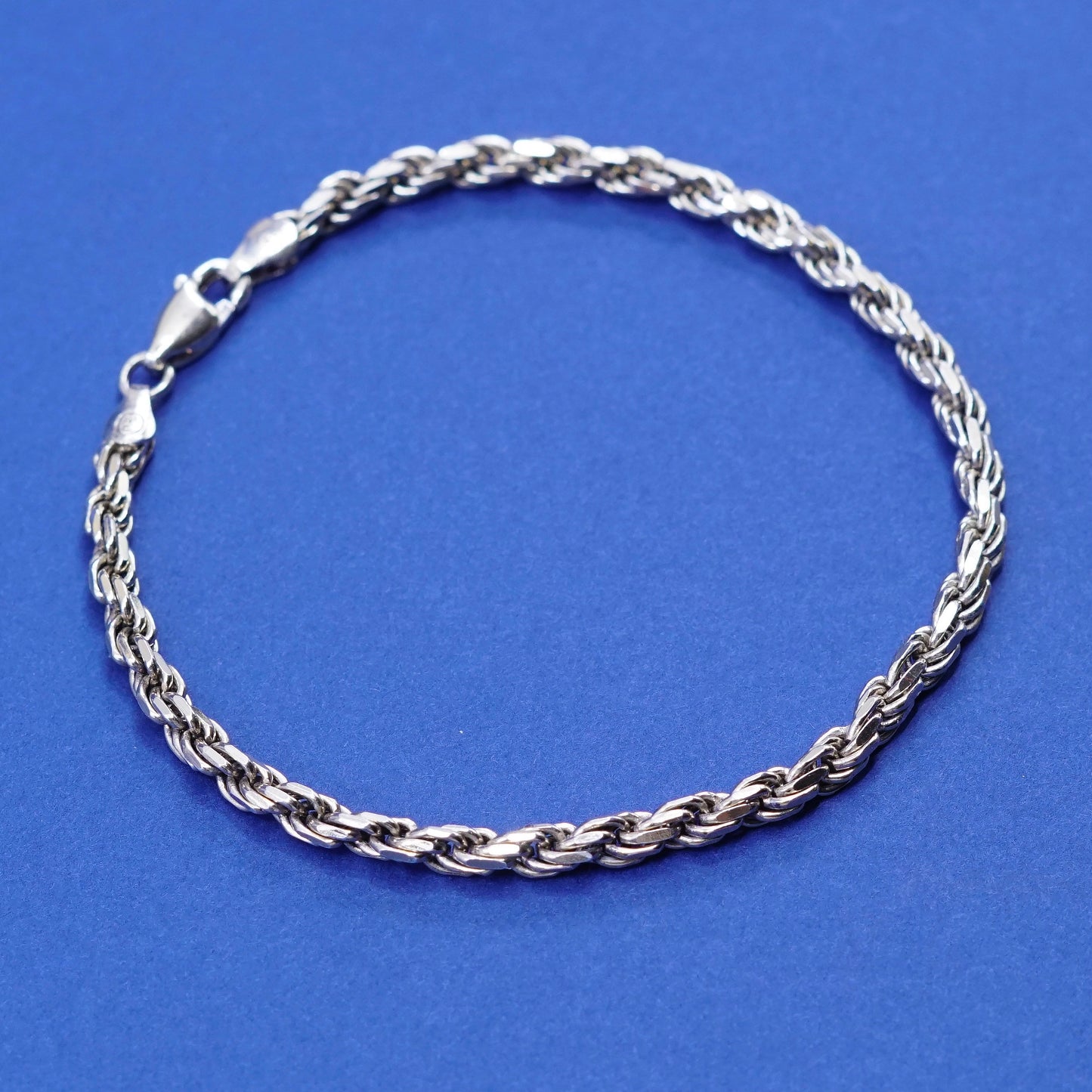 7.75”, 4mm, vintage sterling silver handmade bracelet, 925 diamond rope chain