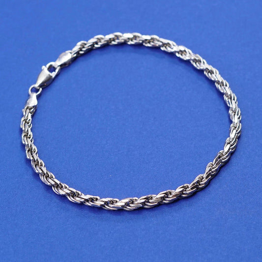 7.75”, 4mm, vintage sterling silver handmade bracelet, 925 diamond rope chain