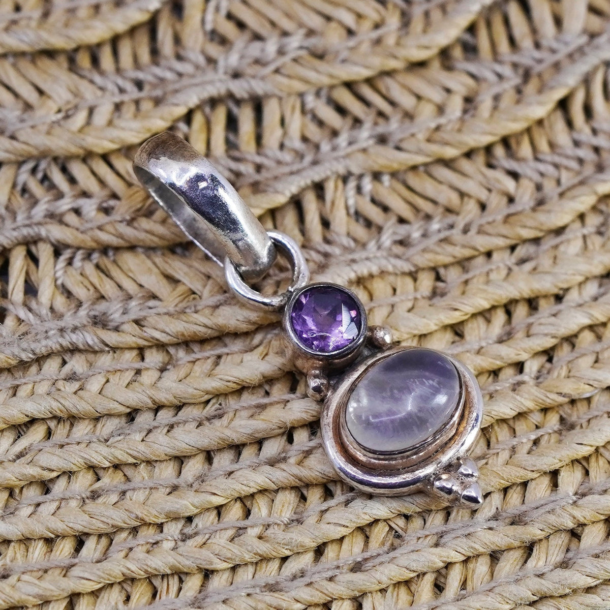 Vintage Sterling 925 Silver Handmade Pendant with oval moonstone and amethyst