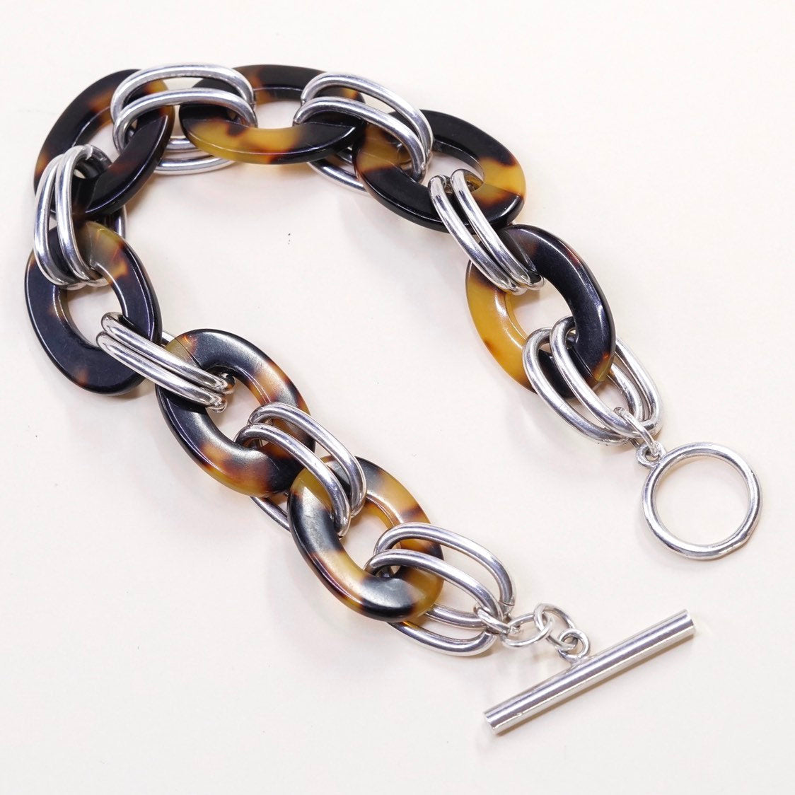 7", VTG sterling silver circle bracelet, charm bracelet 925 double circle chain