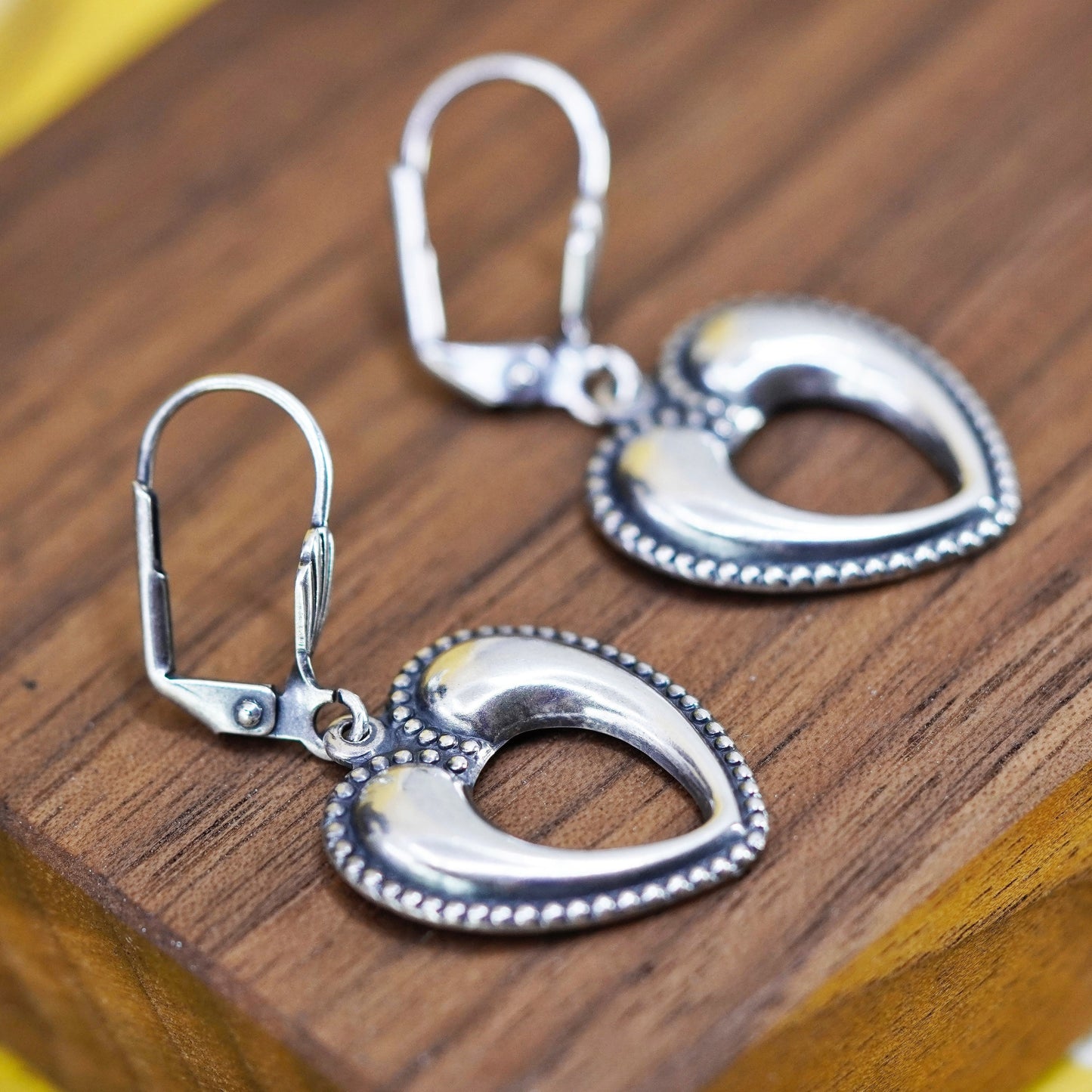 Vintage Sterling silver handmade earrings, 925 heart dangles with beads
