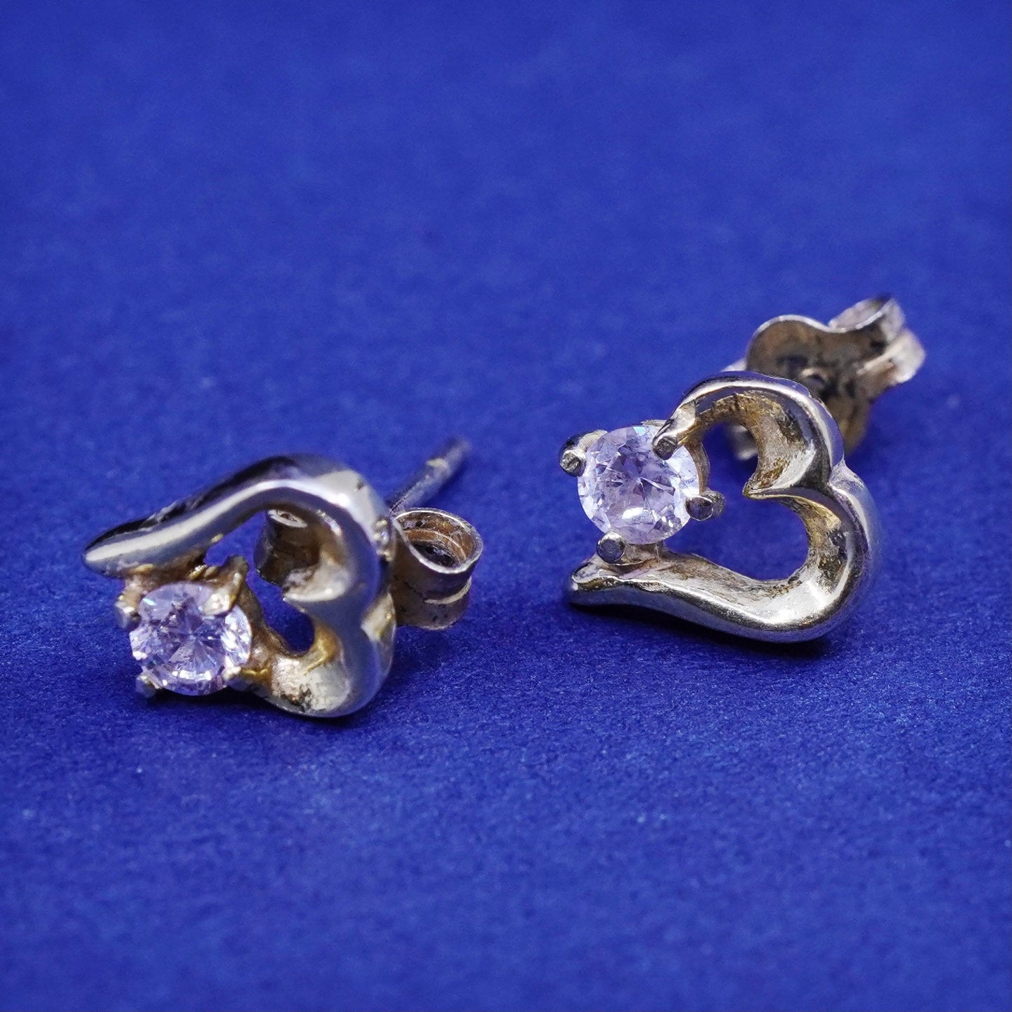 Vintage vermeil gold over Sterling silver handmade earrings, 925 heart studs cz