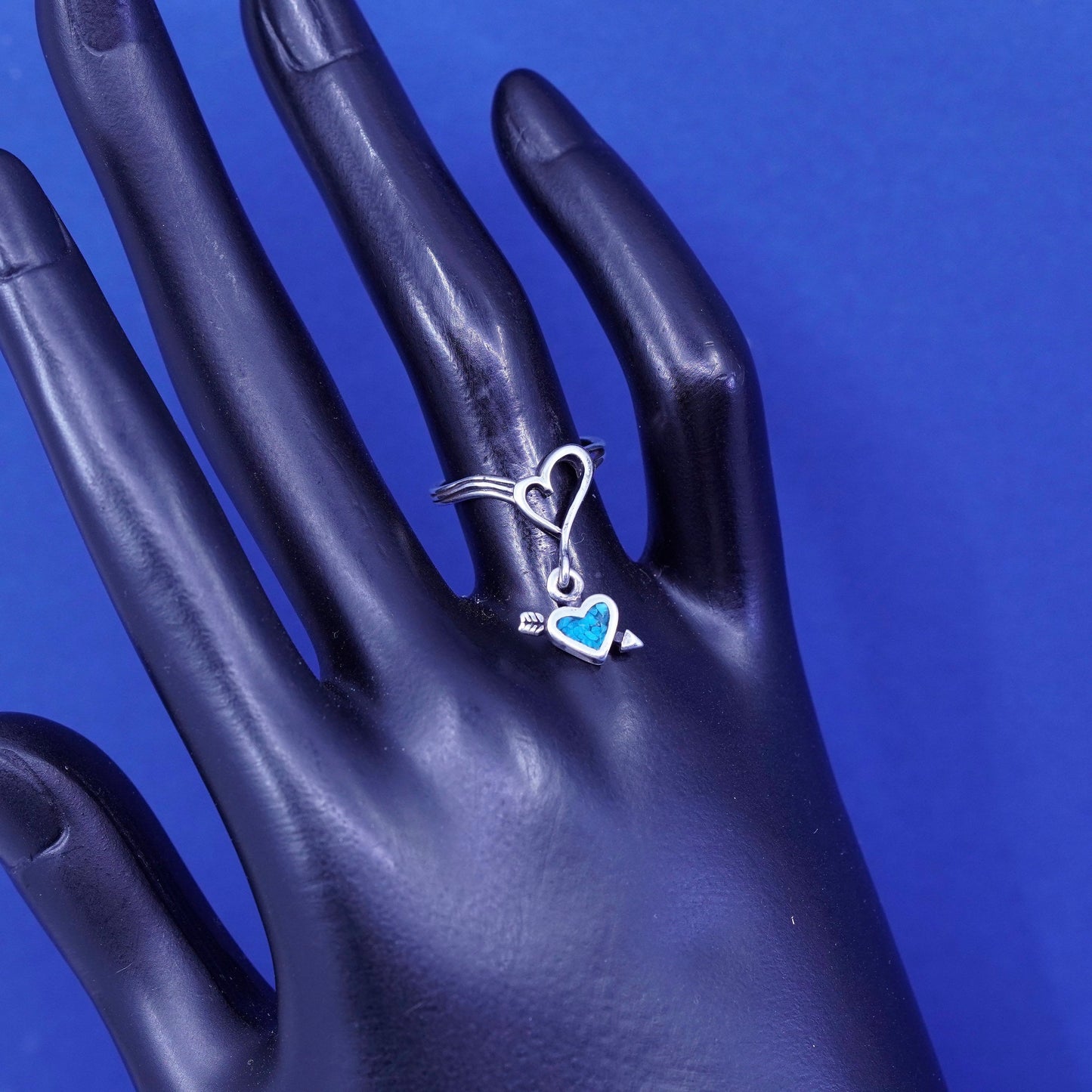 sz 4.75, Native American Sterling 925 silver ring band w/ turquoise heart charm