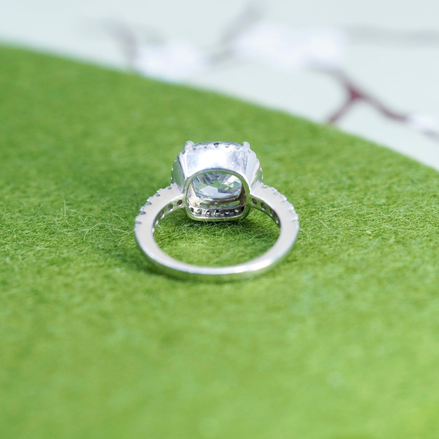 Size 6, Sterling 925 silver engagement ring with emerald cut CZ and cluster cz