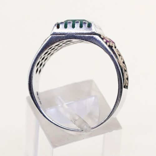 Sz 11 Vtg Two Tone Sterling 925 Silver Handmade Statement Ring W/ Emerald N Ruby