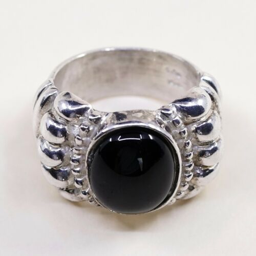 Sz 6.5, Vtg Sterling Silver Handmade Ring, 925 Band W Obsidian N Bali Beads