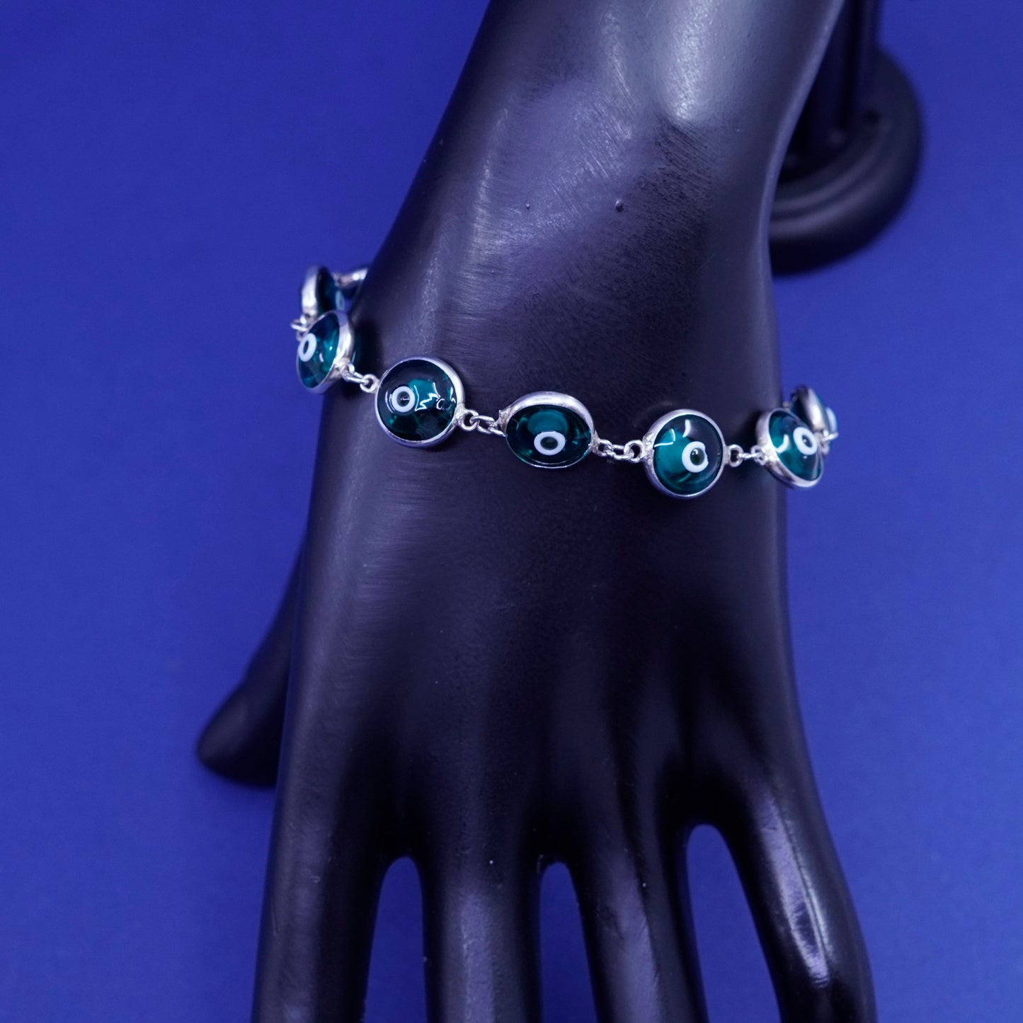6.75”, Vintage handmade sterling 925 silver bracelet, blue glass evil eye beads