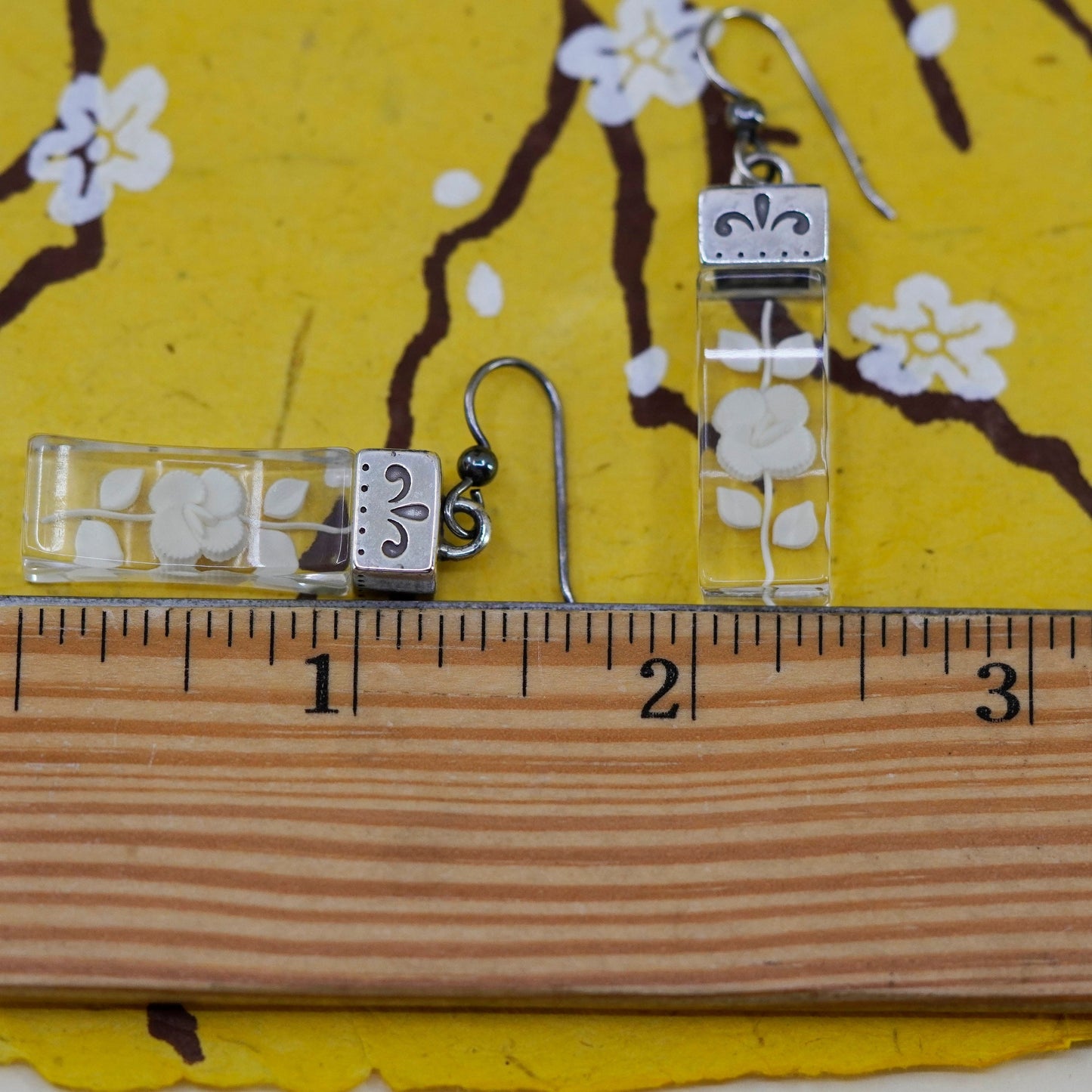 Vintage Sterling 925 silver handmade earrings with floral glass drops