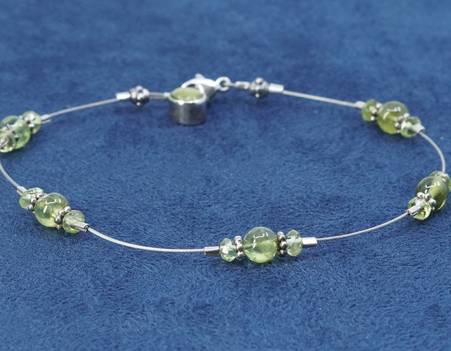 8.5", Sterling silver handmade bracelet, stainless steel chain w/ peridot beads