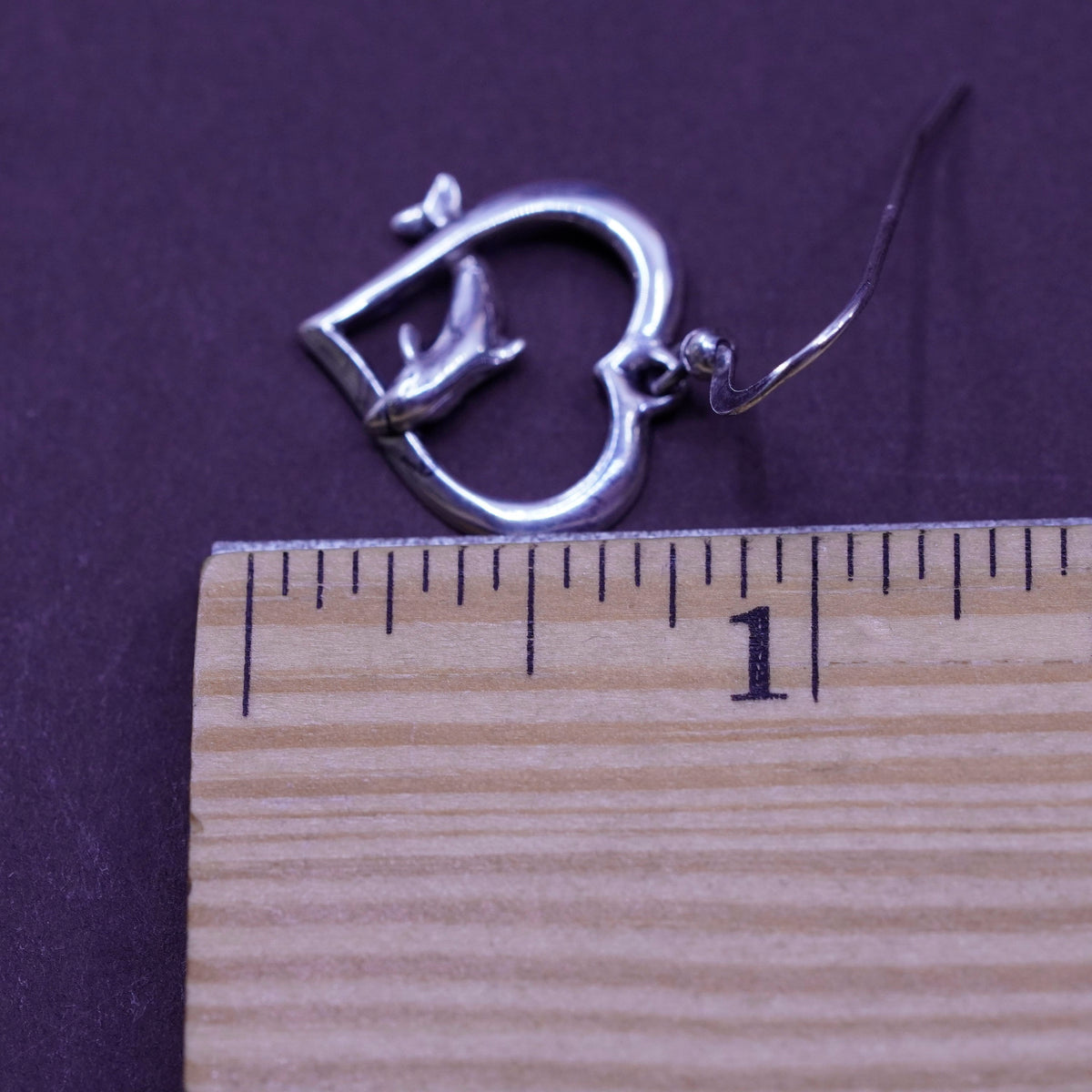 Vintage Sterling silver handmade earrings, 925 heart drops with dolphin