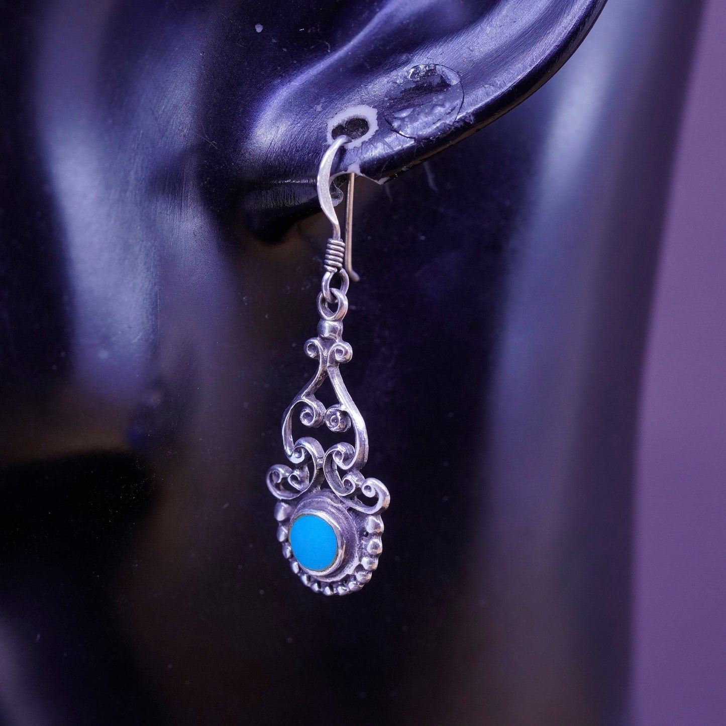 Vintage Sterling 925 silver handmade filigree teardrop earrings with turquoise