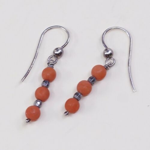 Vtg Southwestern Sterling 925 Silver Handmade Earrings W/ Coral Bead Dangles