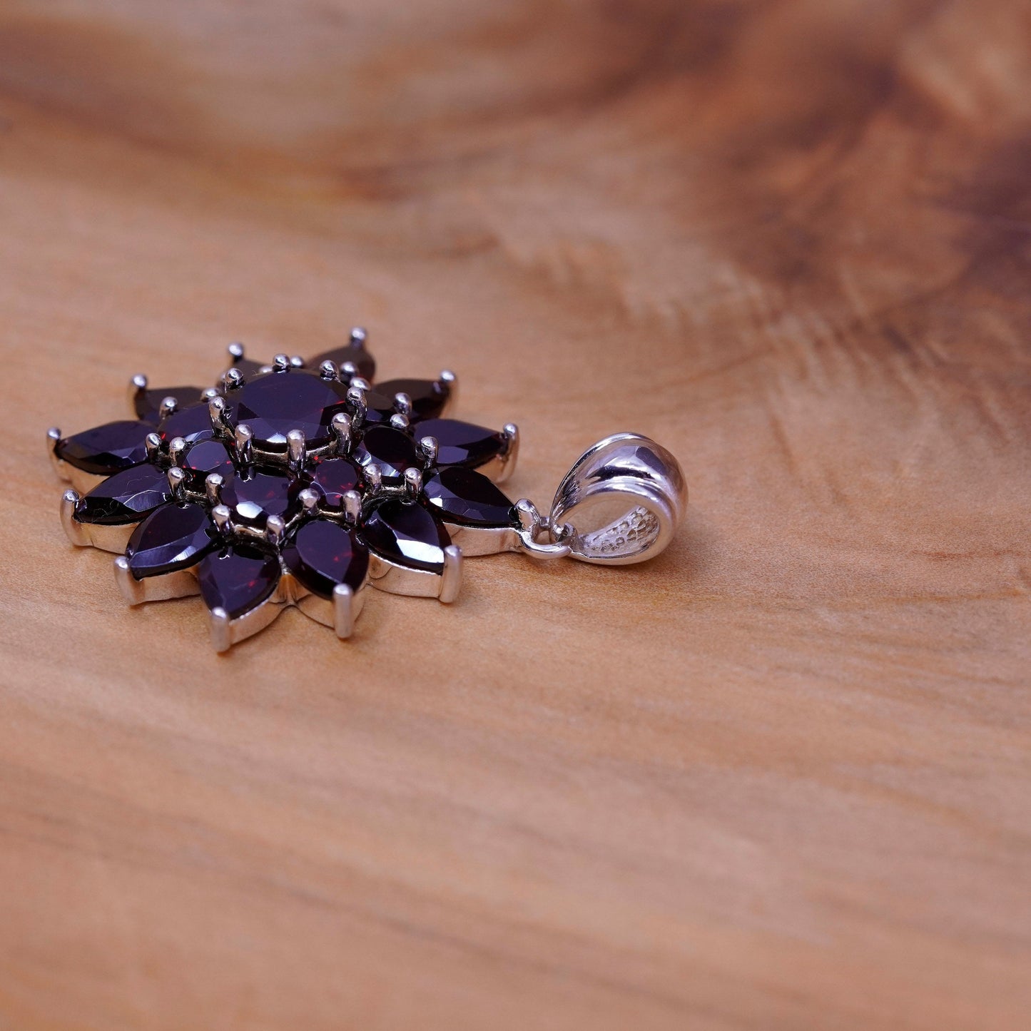 Vintage Sterling 925 silver handmade flower pendant with ruby