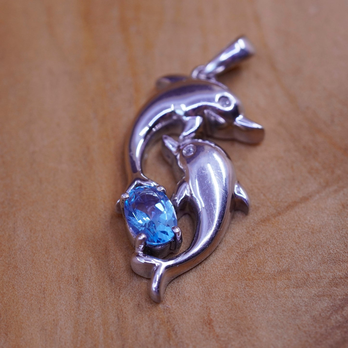 Vintage 925 Sterling silver handmade dolphins pendant with topaz