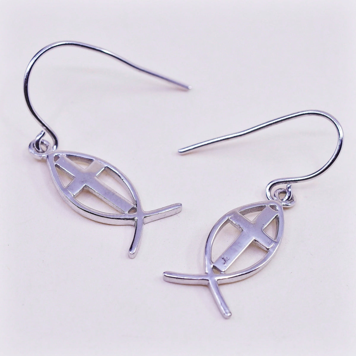 Vintage sterling silver handmade modern earrings, 925 fish with cross