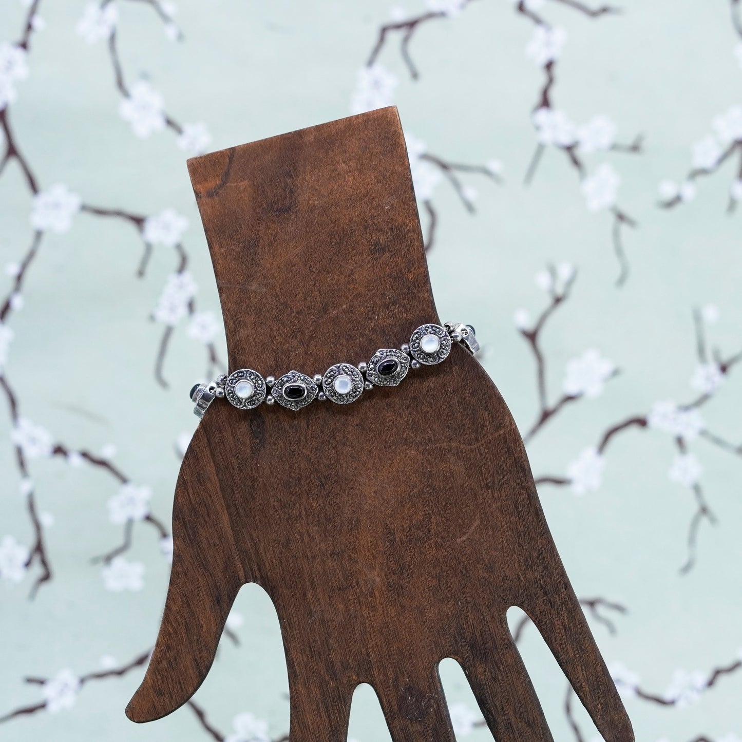 7”, Sterling 925 Silver chain, tennis Bracelet with marcasite onyx moonstone