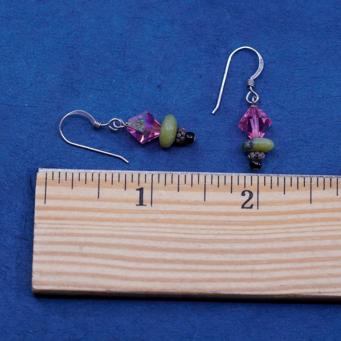 Vintage sterling 925 silver handmade earrings, with pink crystal green jasper