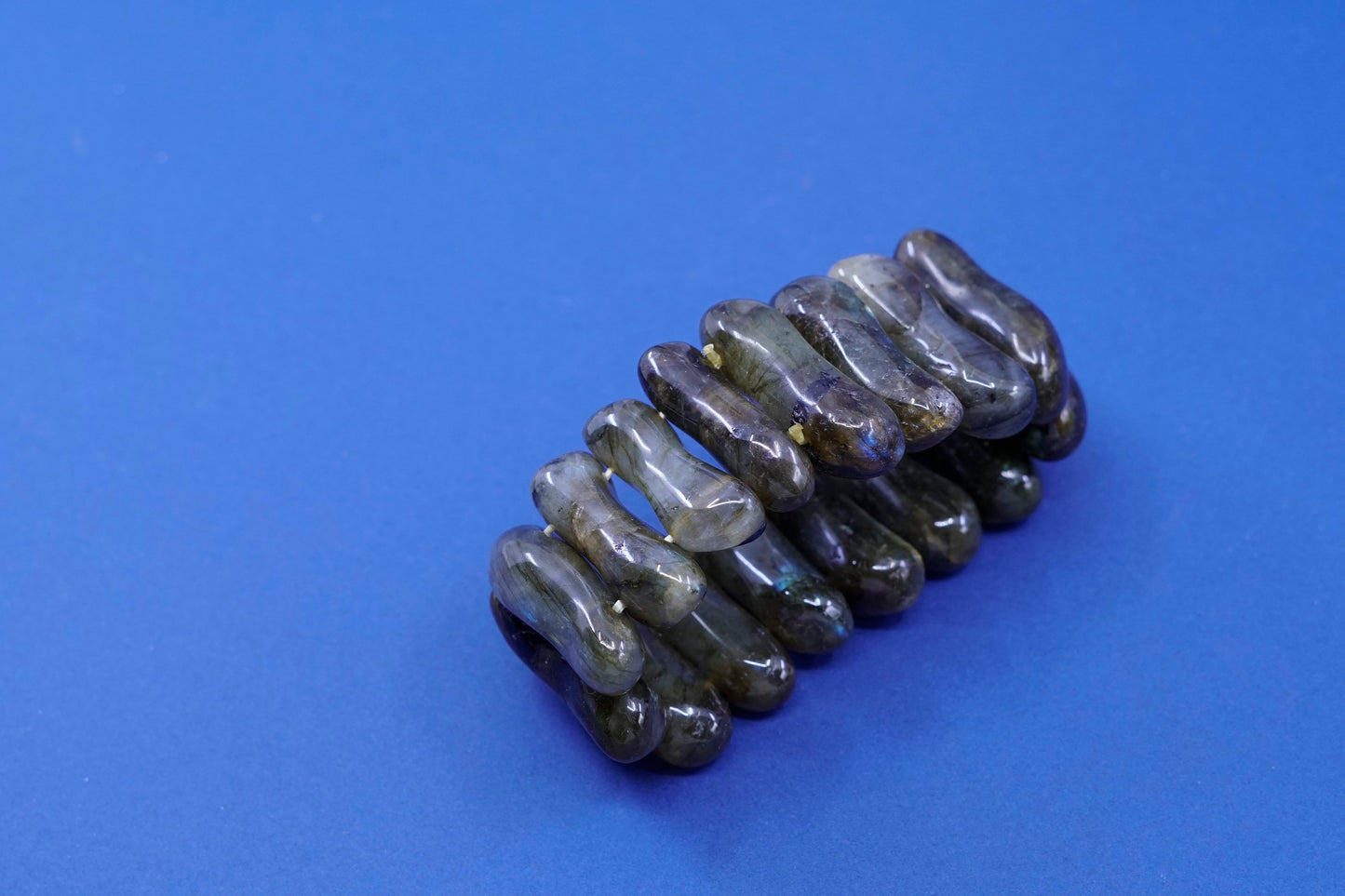 6”, Vintage handmade bracelet, elastic long labradorite beads wide bangle