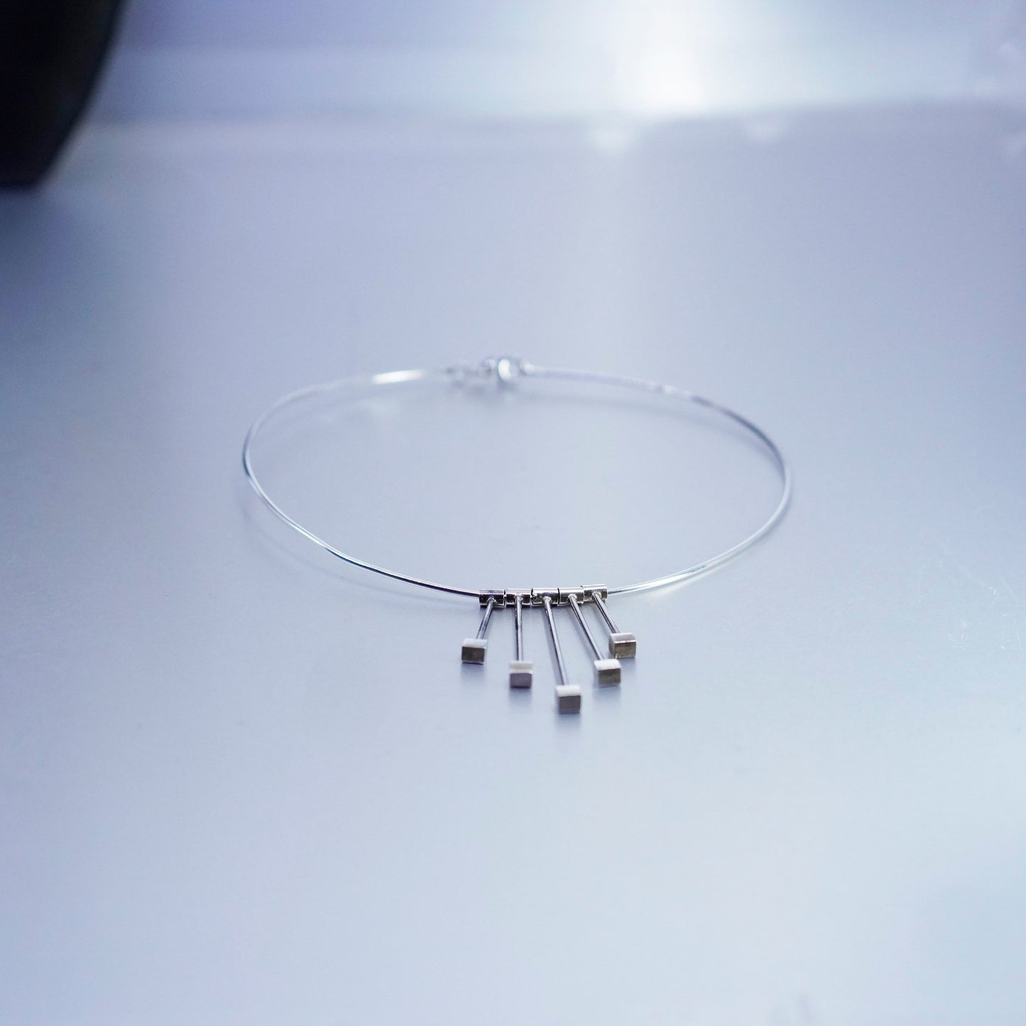 13”, Sterling 925 silver handmade choker collar necklace cube fringe pendant
