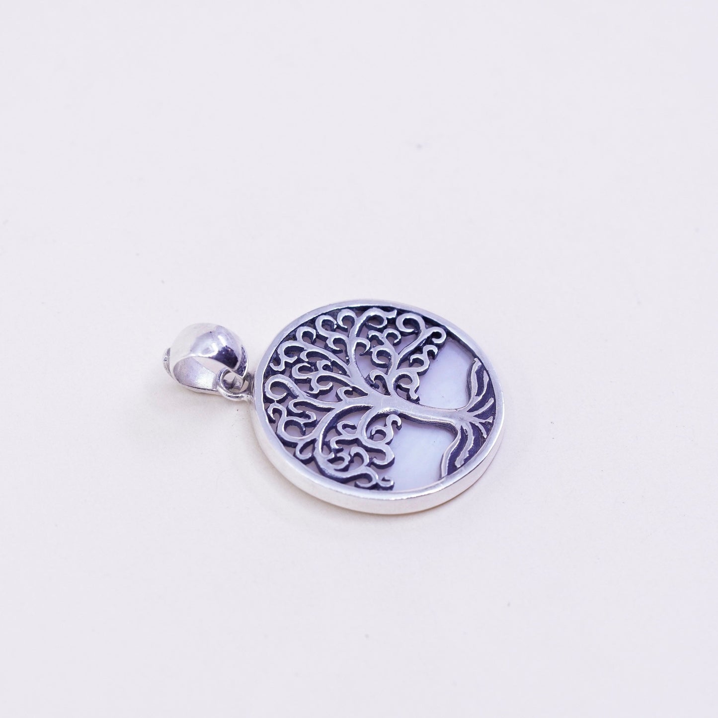 Vintage Sterling silver handmade pendant, 925 filigree tree tag mother of pearl
