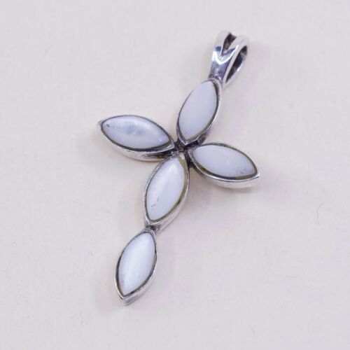 Vintage Sterling Silver Handmade Pendant, 925 silver cross w/ Whire Marquise Mop