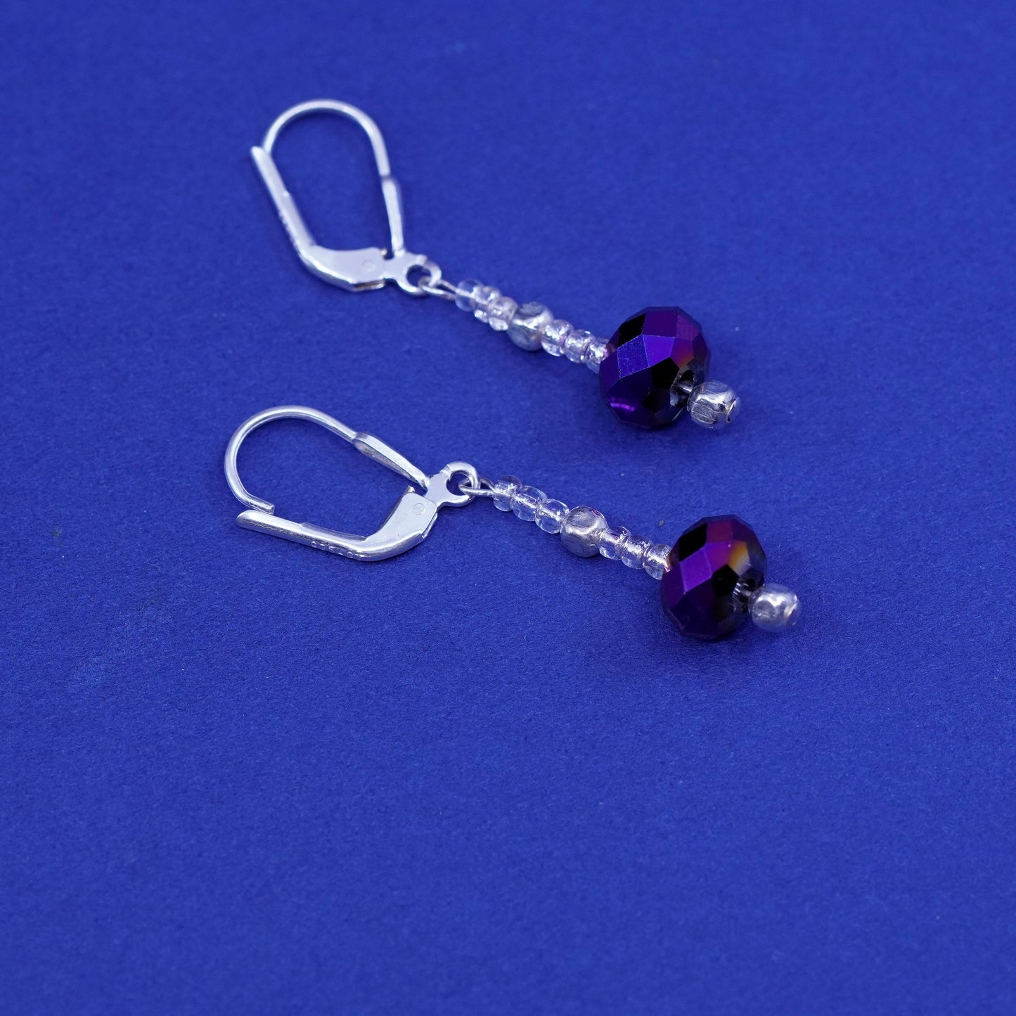 Vintage sterling 925 silver handmade earrings, with purple crystal