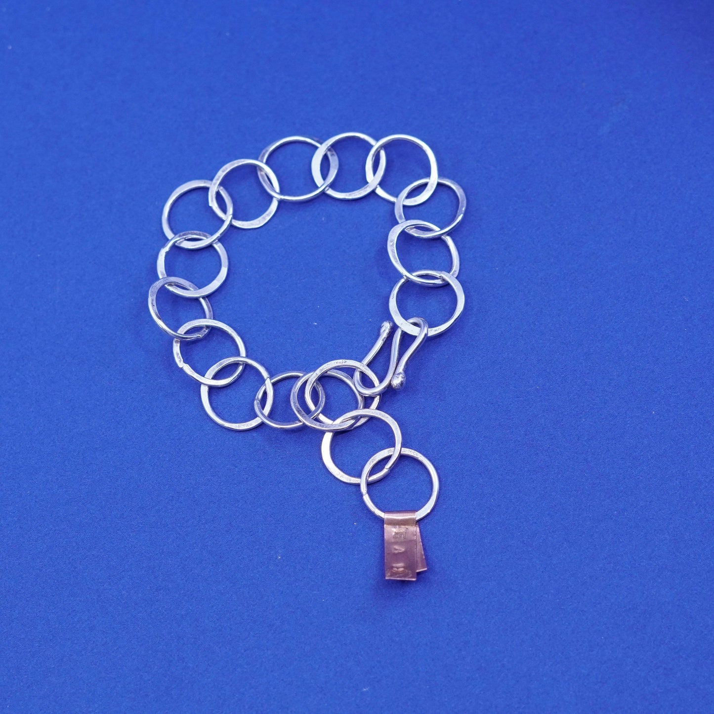 Adjustable”, Sterling silver handmade bracelet, 925 bold flatten circle chain