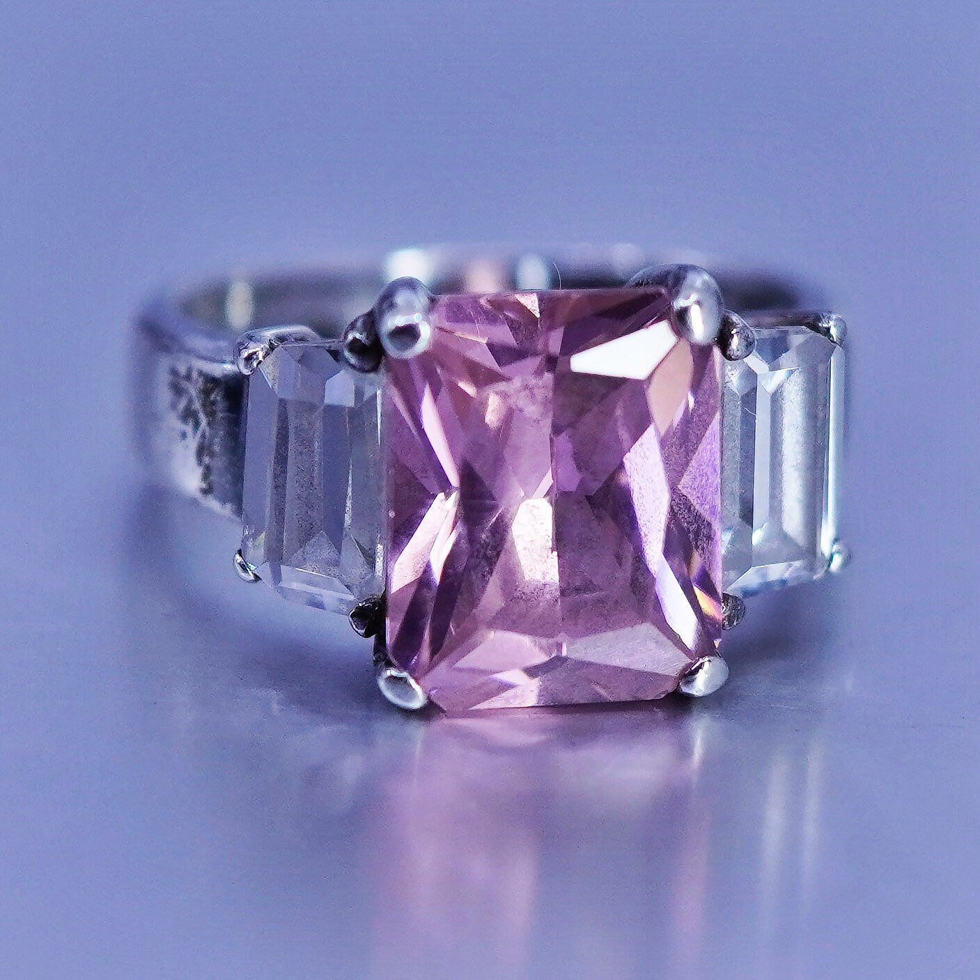 Size 6, vintage Sterling 925 silver handmade ring with rectangular pink Cz