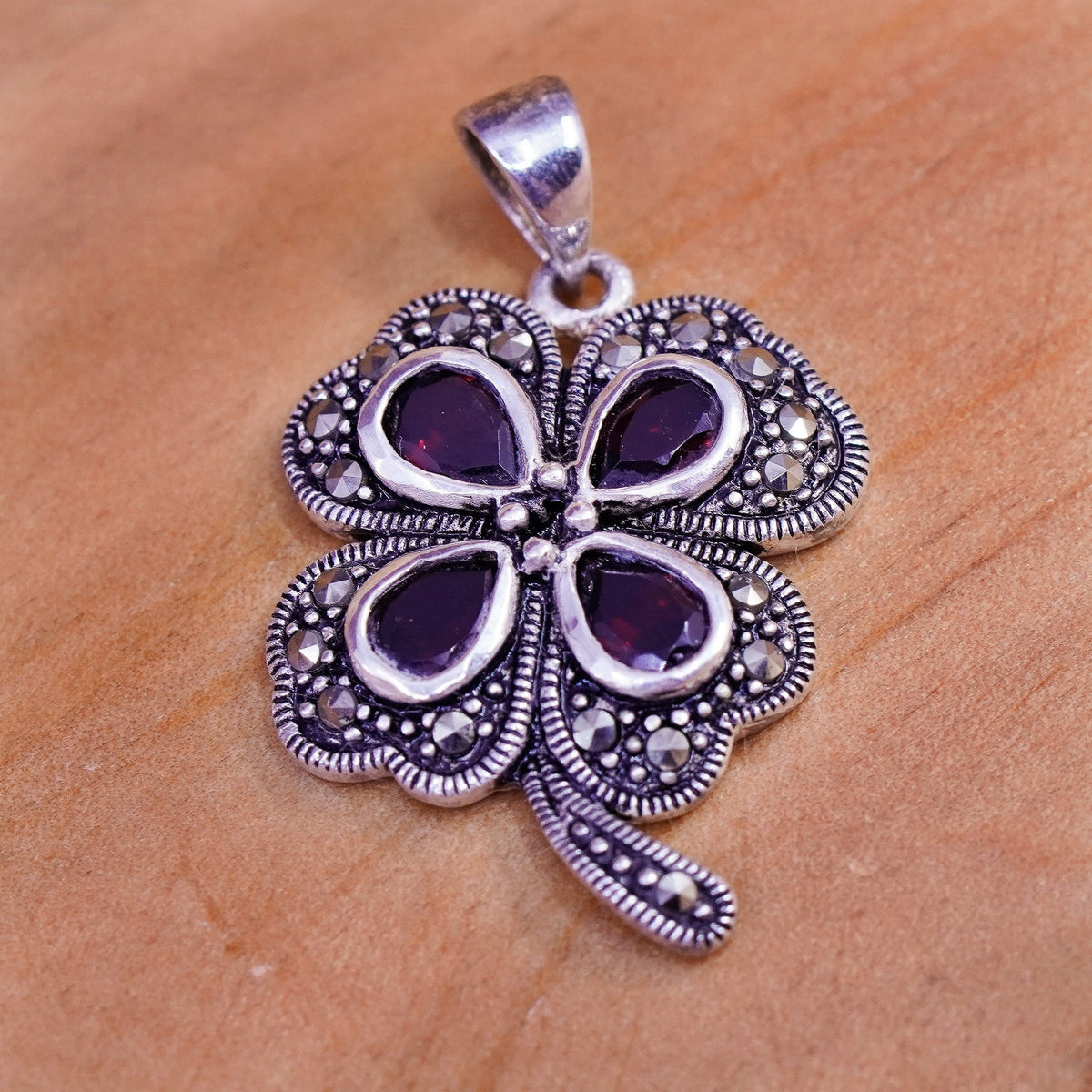 Sterling 925 Silver Handmade lucky four leaves clover Pendant ruby marcasite