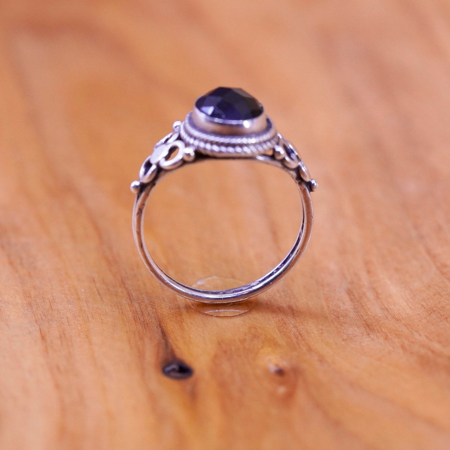 Size 6.75, vintage Sterling 925 silver handmade ring with obsidian and beads