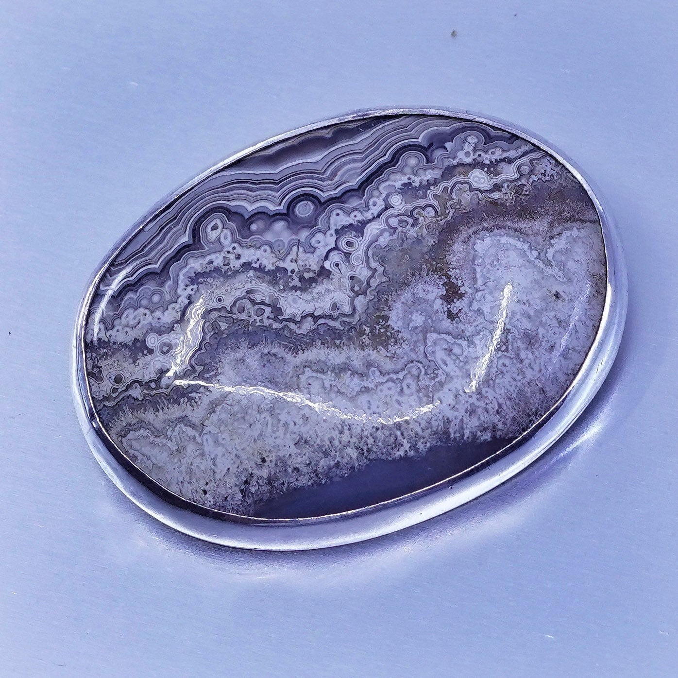 Vintage Sterling 925 silver handmade brooch, layered lace agate pin,