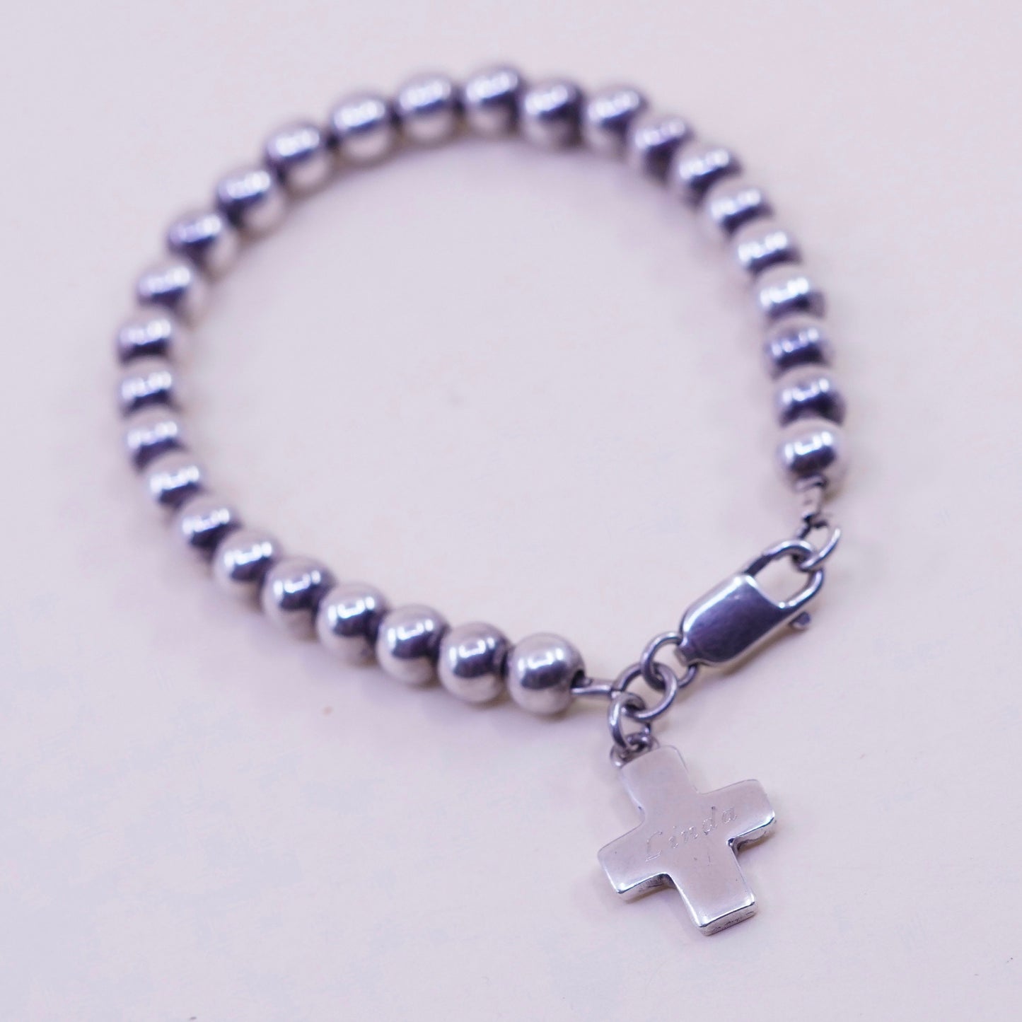 7”, Vintage sterling silver bracelet, 925 beads chain cross charm name “Linda