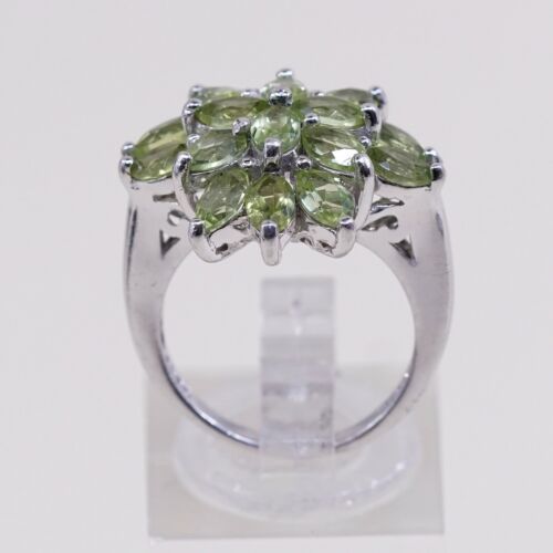 Sz 5, Vtg stauer Sterling Silver Handmade Ring, 925 Flower W/ Marquise peridot