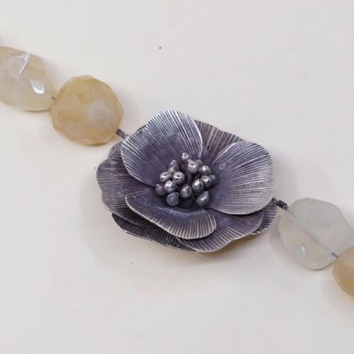 6”, Vtg Antique Sterling 925 Silver Handmade Flower W/ Citrine Nuggets Chain