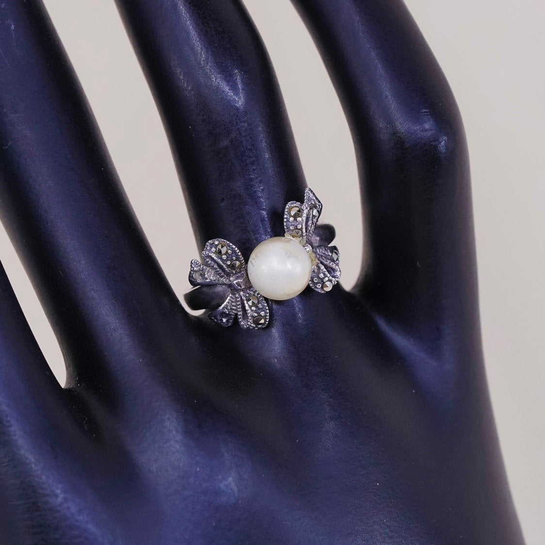 sz 6.75, vtg sterling silver handmade ring, 925 w/ faux pearl n marcasite